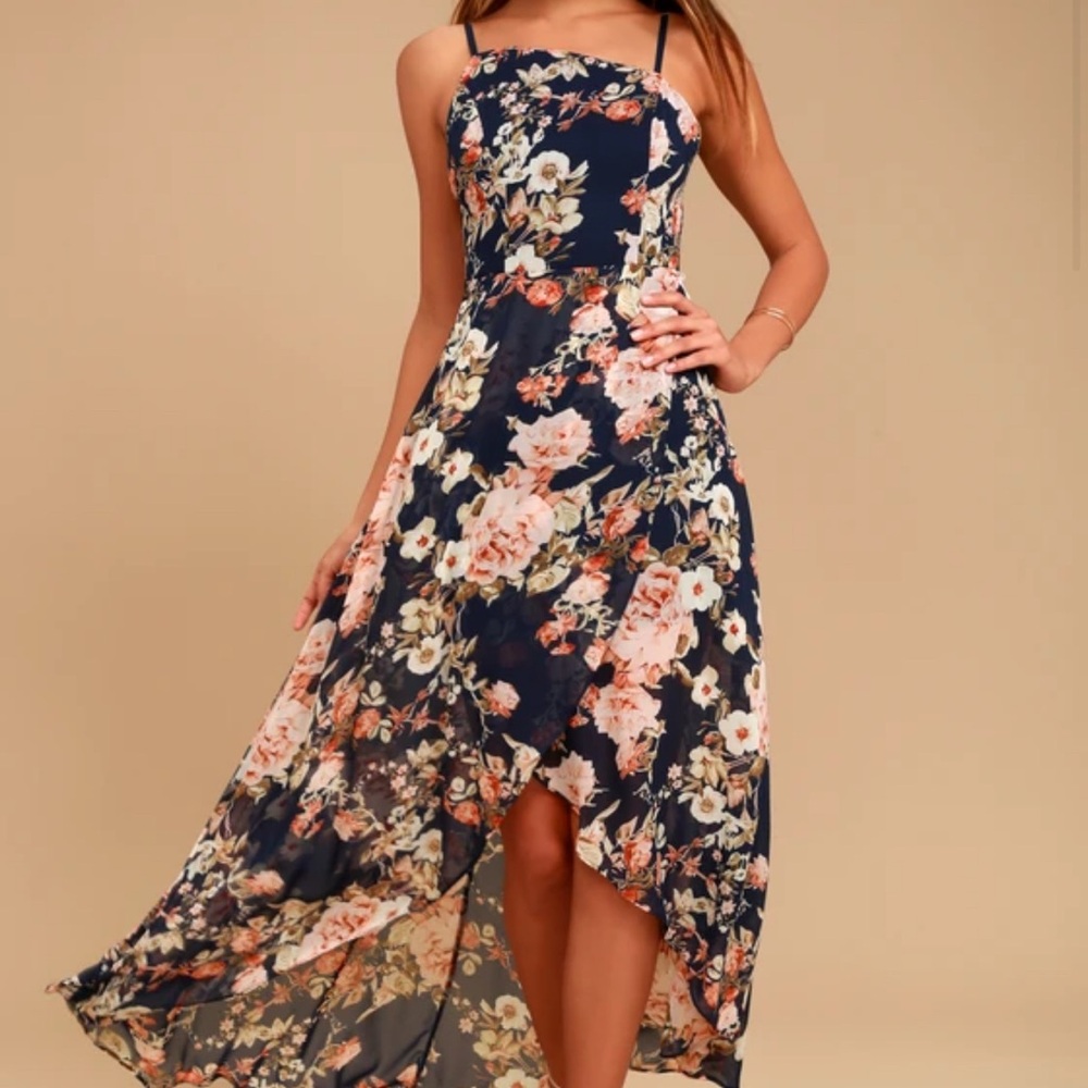 Lulus Reflection Navy Blue Floral Print High-Low Dress Sz L